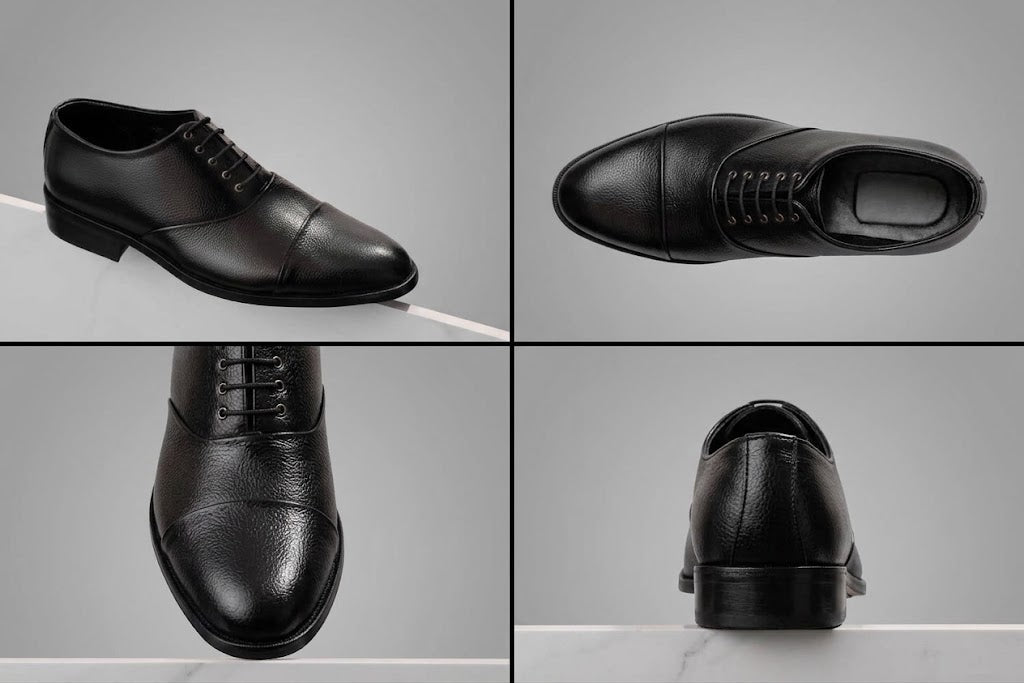 The Diplomat: Black Grained Leather Closed-Lace Cap-Toe Shoe