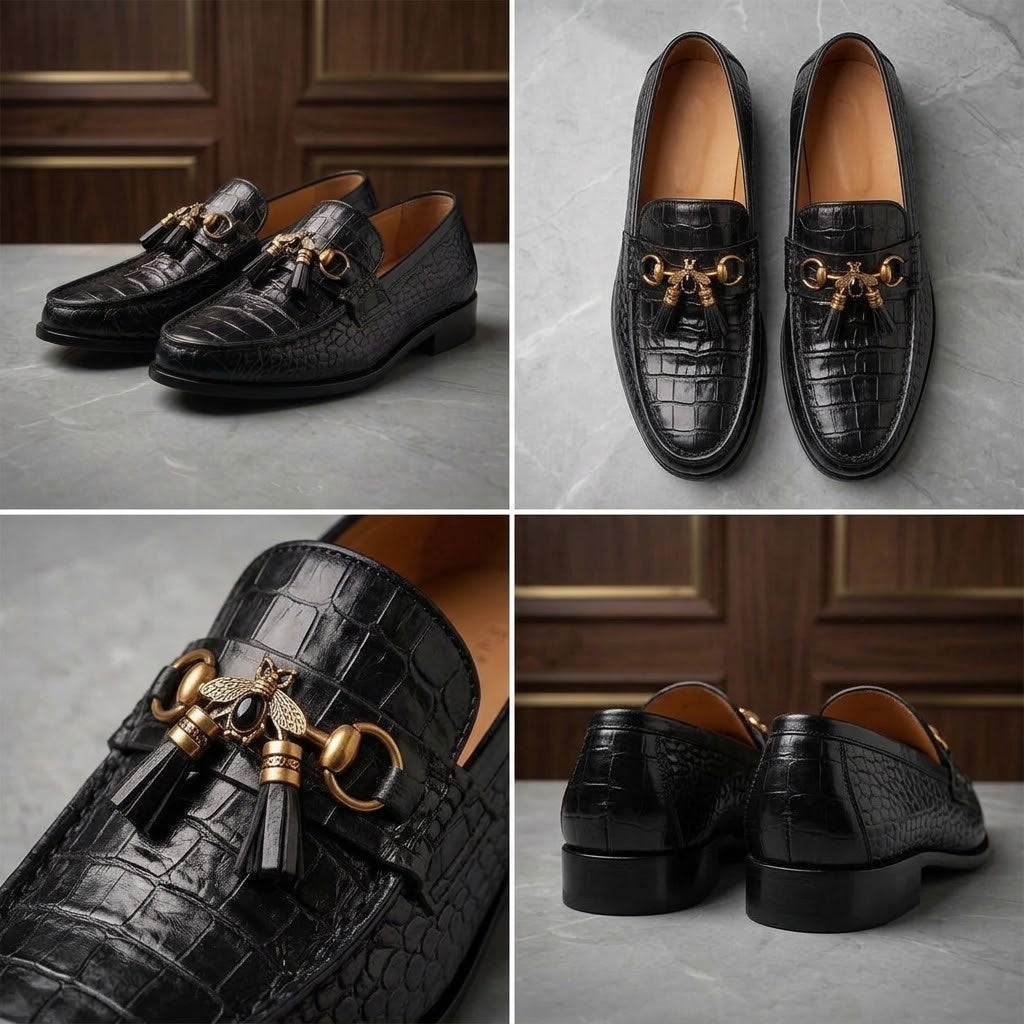 Men's Glossy Alligator-Print Leather Dress Loafers with Gold Hardware