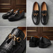 Men's Glossy Alligator-Print Leather Dress Loafers with Gold Hardware
