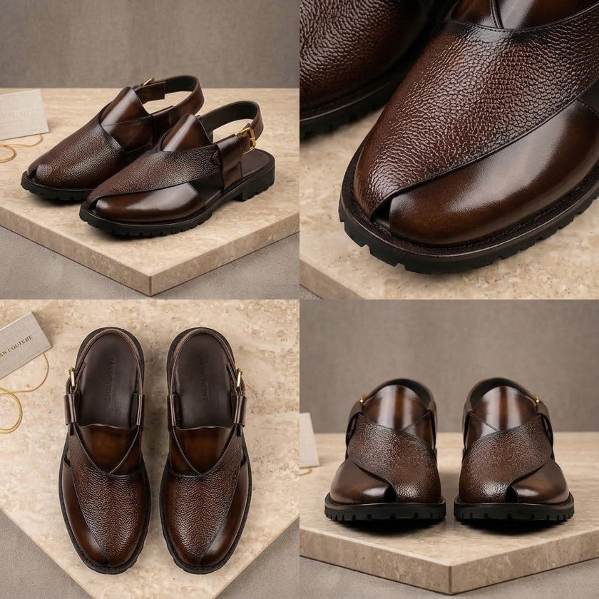 Qadam Handcrafted Dual-Texture Leather Peshawari Chappal – Mocha Brown
