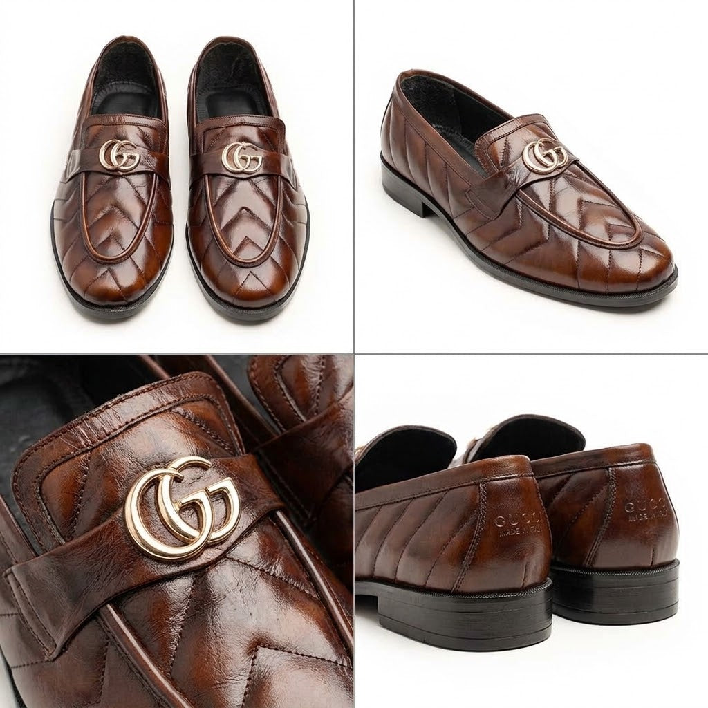 Quilted Calfskin Dress Loafers with Gold Buckle Ornament
