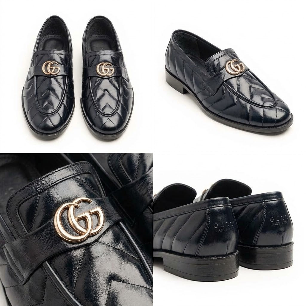 Quilted Calfskin Dress Loafers with Gold Buckle Ornament