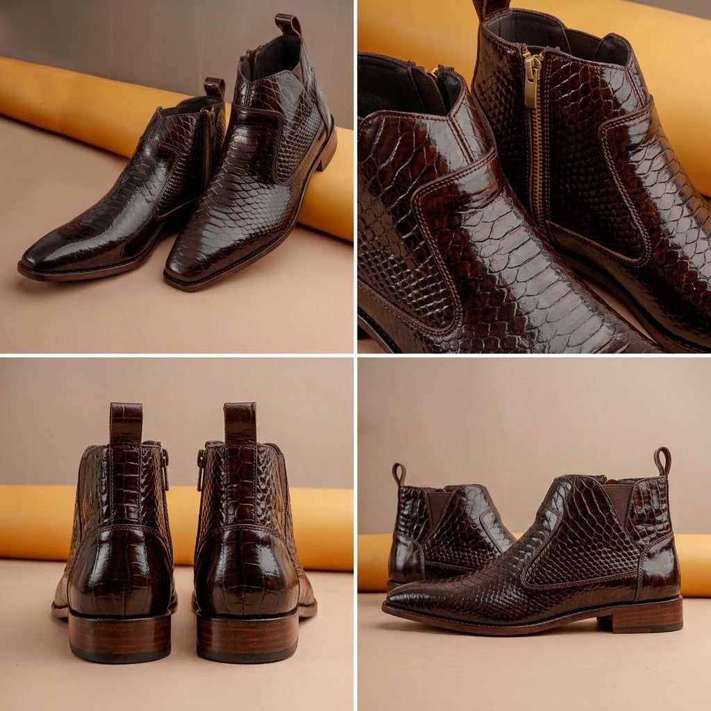 Qadam Handcrafted Black Croc-Embossed Leather Dress Boots