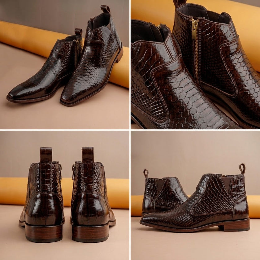 Qadam Handcrafted Black Croc-Embossed Leather Dress Boots