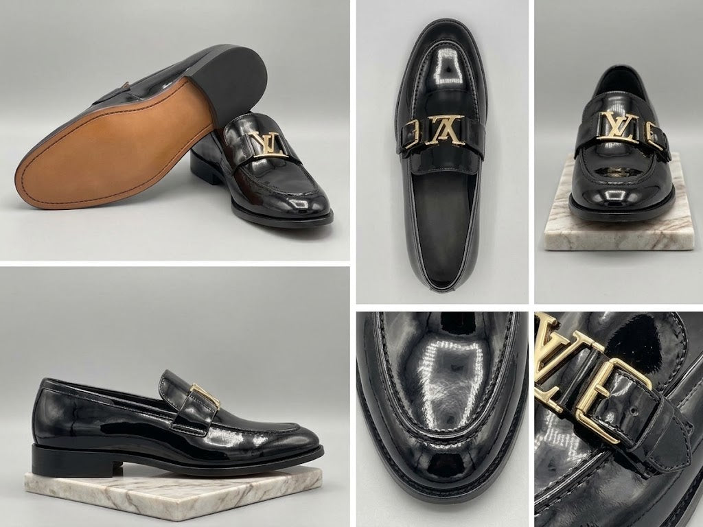 Men's Textured Calfskin Dress Loafers with Gold Hardware