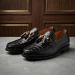 Men's Glossy Alligator-Print Leather Dress Loafers with Gold Hardware