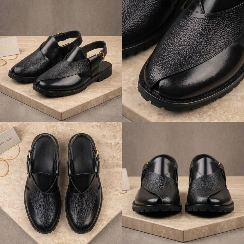 Qadam Handcrafted Dual-Texture Leather Peshawari Chappal – Mocha Brown