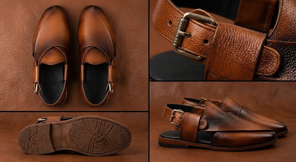 Qadam Handcrafted Textured Leather Peshawari Chappal – Cognac Tan