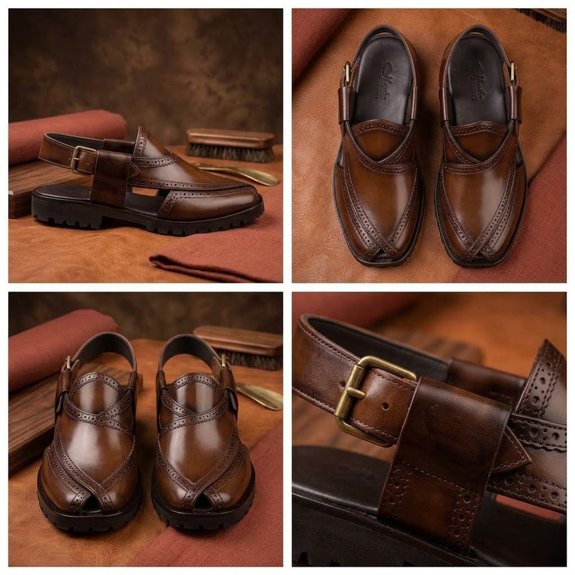 Qadam Handcrafted Brogue-Stitched Leather Peshawari Chappal – Antique Walnut