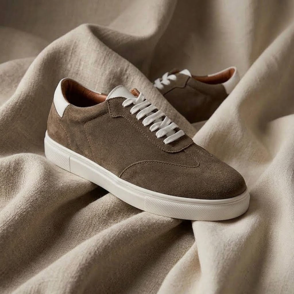 Premium Low-Top Suede Court Sneakers in Cool Slate