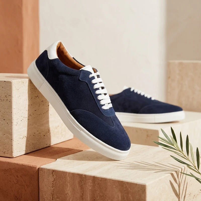 Men's Handcrafted Pebble-Grain Leather & Suede Low-Top Sneakers