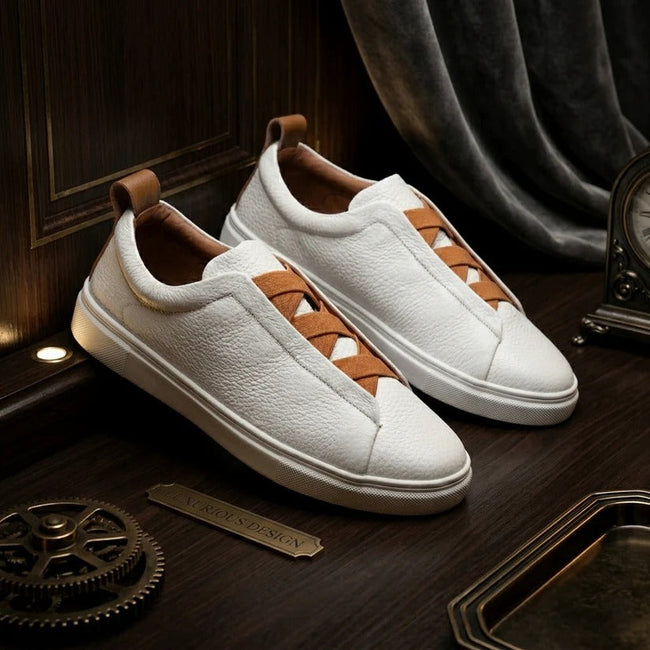 Qadam White Pebble-Grain Leather Slip-On Sneakers