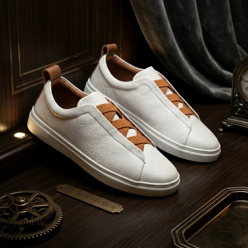Qadam White Pebble-Grain Leather Slip-On Sneakers