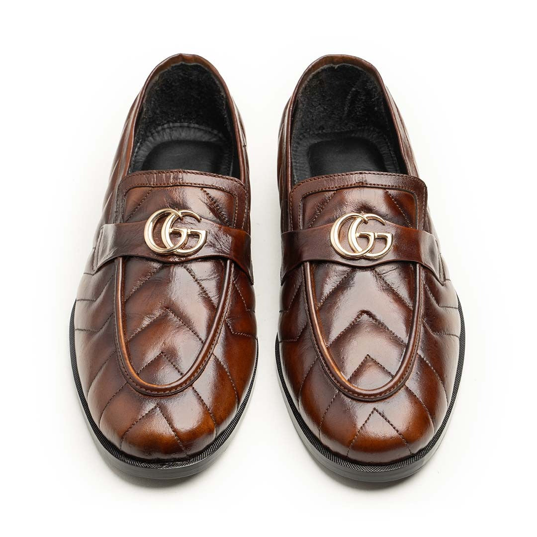 Quilted Calfskin Dress Loafers with Gold Buckle Ornament