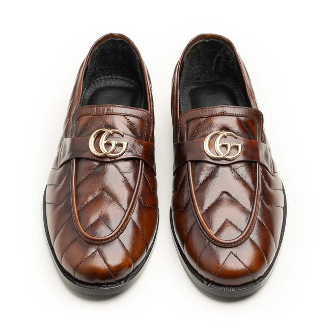 Quilted Calfskin Dress Loafers with Gold Buckle Ornament