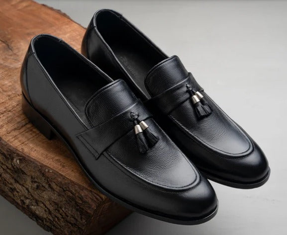 Qadam Handcrafted Black Leather Tassel Loafers