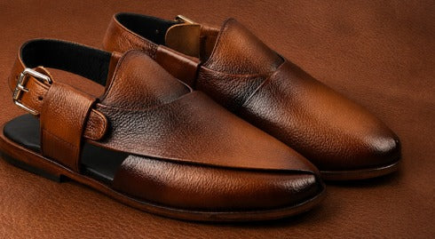 Qadam Handcrafted Textured Leather Peshawari Chappal – Cognac Tan
