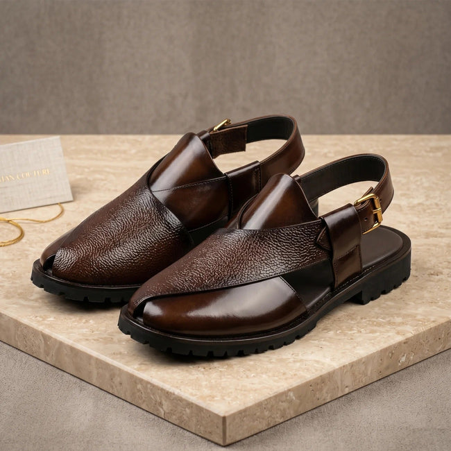 Qadam Handcrafted Dual-Texture Leather Peshawari Chappal – Mocha Brown