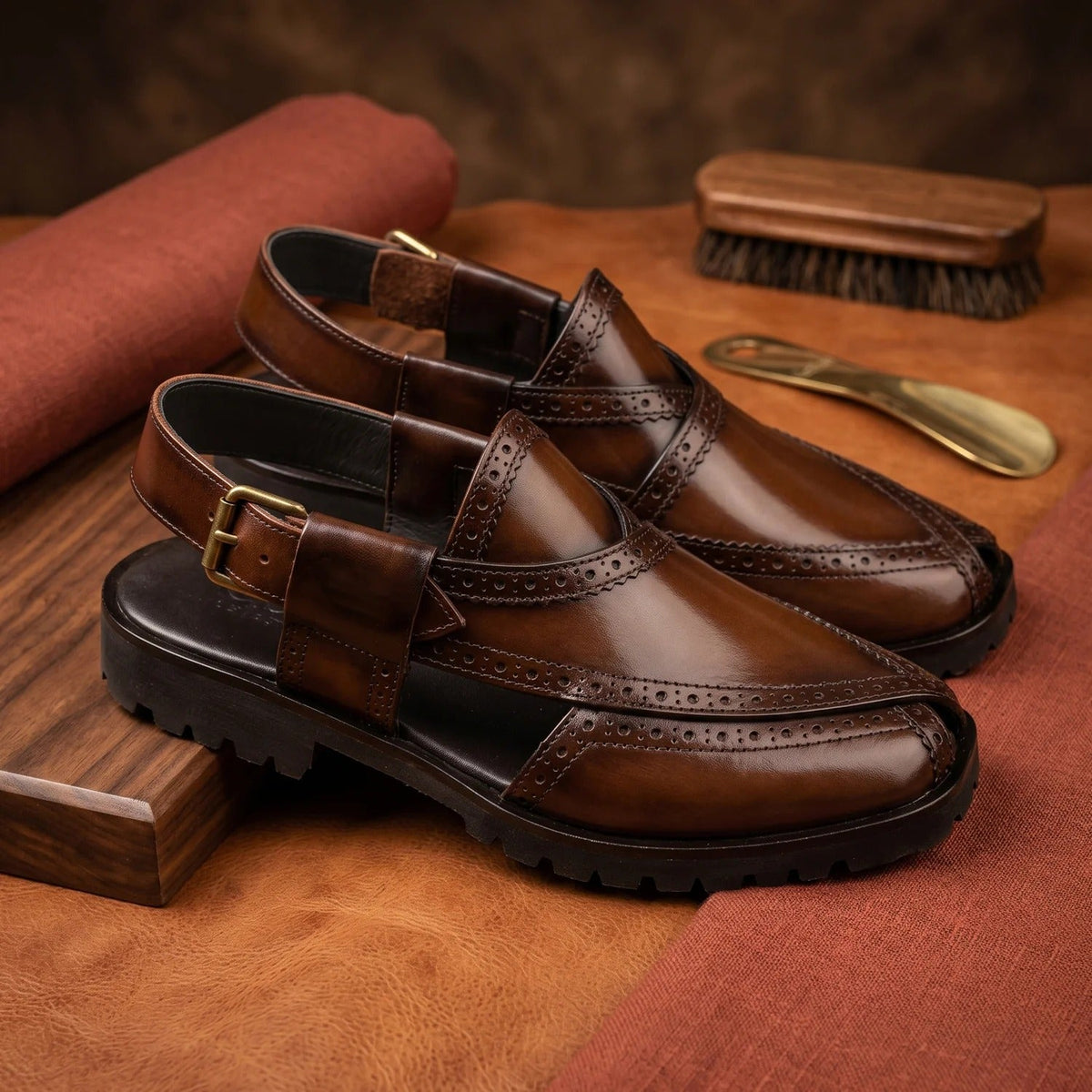 Qadam Handcrafted Brogue-Stitched Leather Peshawari Chappal – Antique Walnut