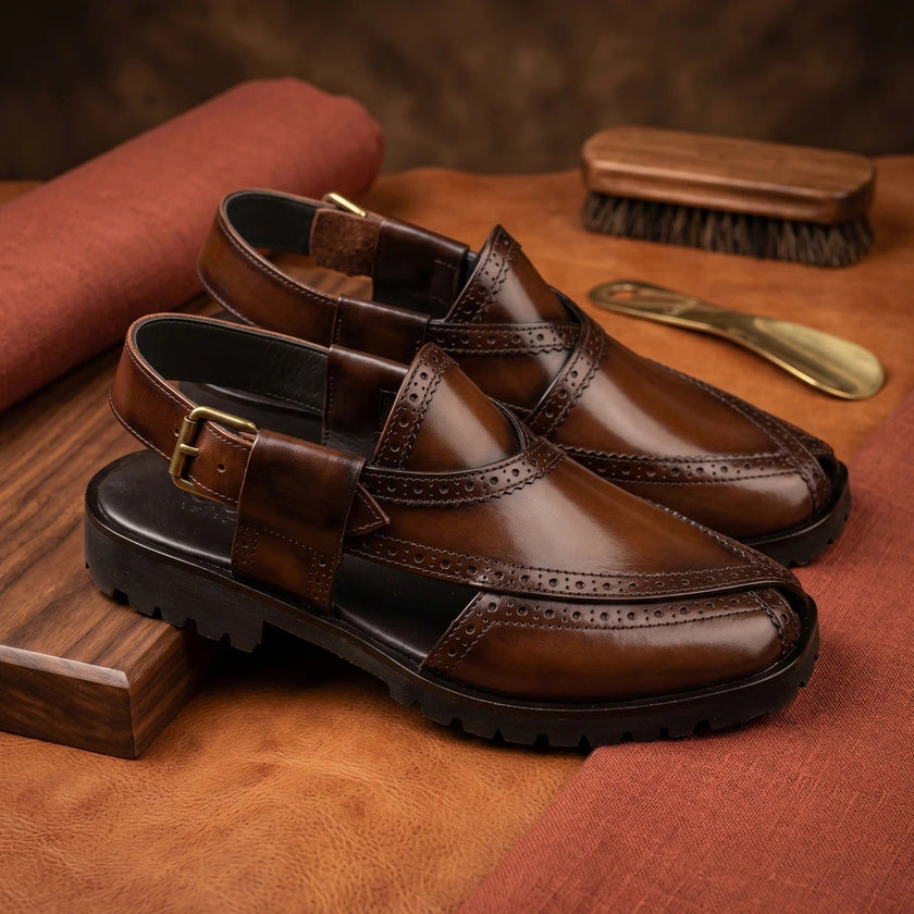 Qadam Handcrafted Brogue-Stitched Leather Peshawari Chappal – Antique Walnut