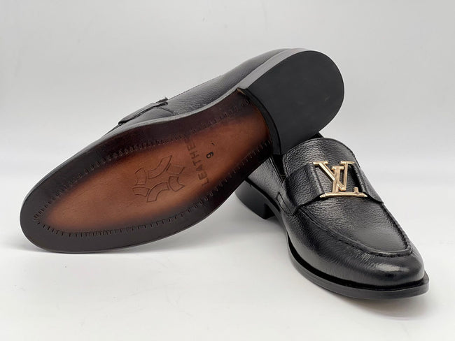 Men's Textured Calfskin Dress Loafers with Gold Hardware