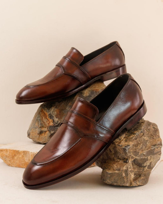 Men's Hand-Patina Calfskin Dress Loafers – Antique Chestnut