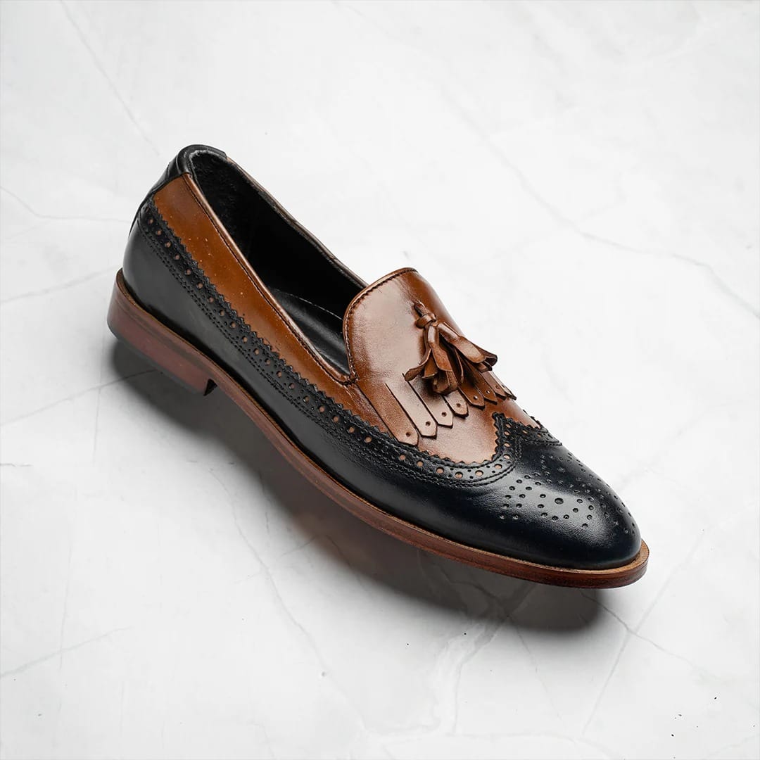 Qadam Handcrafted Two-Tone Leather Tassel Loafers – Tan & Black
