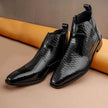 Qadam Handcrafted Black Croc-Embossed Leather Dress Boots