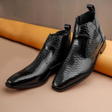Qadam Handcrafted Black Croc-Embossed Leather Dress Boots