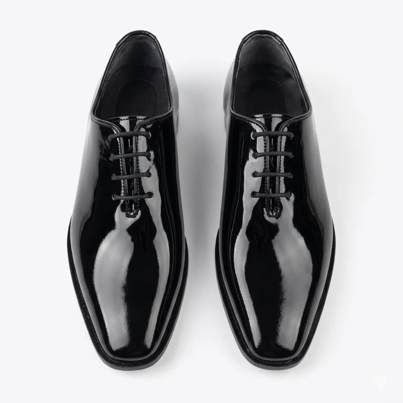 Qadam Handcrafted Patent Leather Wholecut Oxford Shoes – Mirror Black