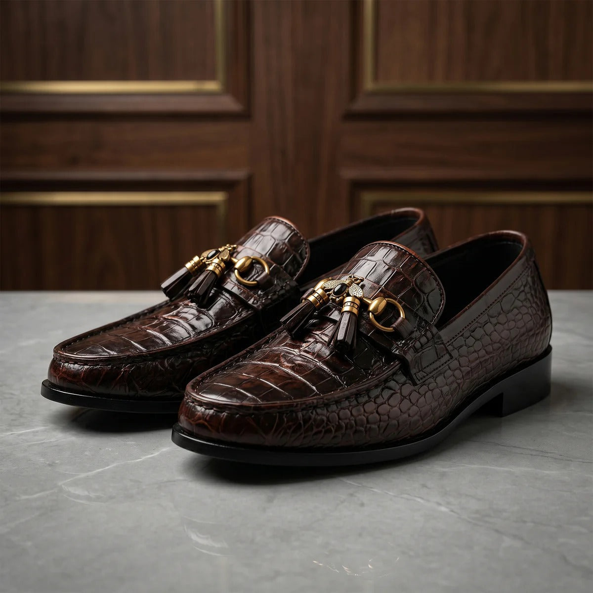 Men's Glossy Alligator-Print Leather Dress Loafers with Gold Hardware