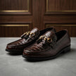 Men's Glossy Alligator-Print Leather Dress Loafers with Gold Hardware