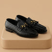 Qadam Handcrafted Black Croc-Embossed Leather Horsebit Tassel Loafers