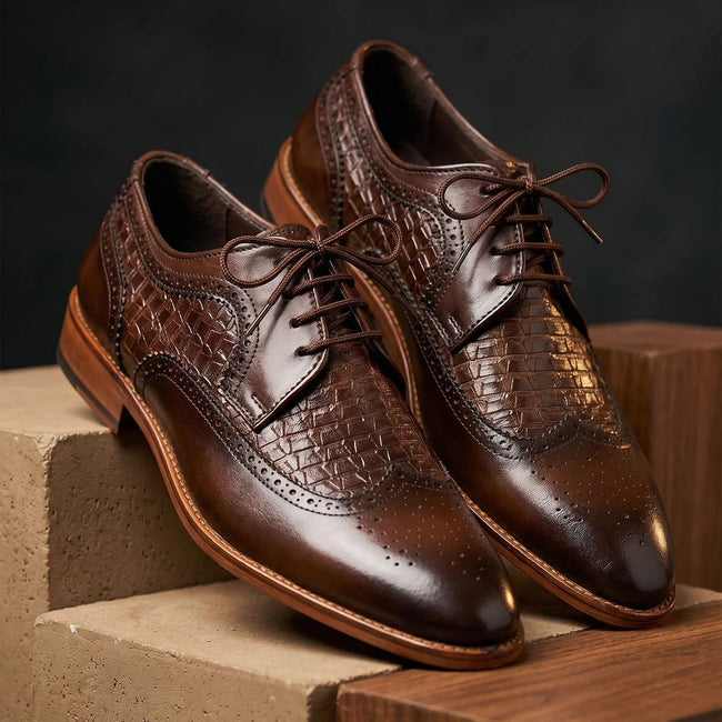 Qadam Handcrafted Two-Tone Croc-Embossed Leather Wingtip Derbies – Espresso Brown