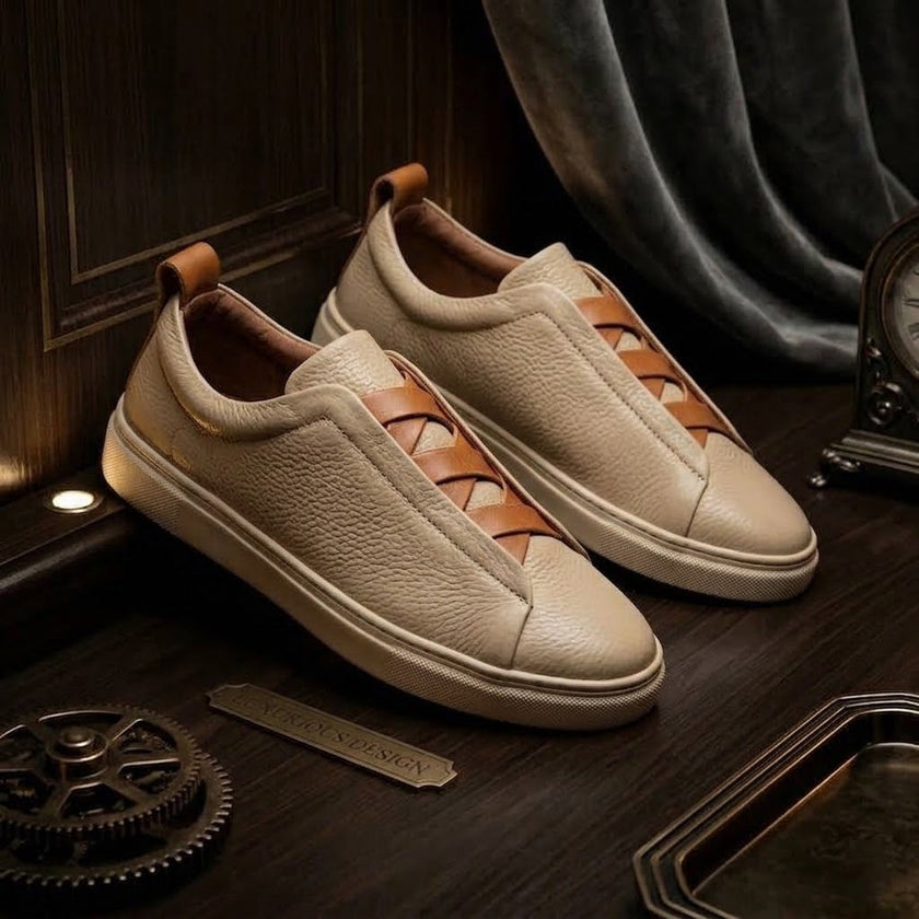 Qadam White Pebble-Grain Leather Slip-On Sneakers