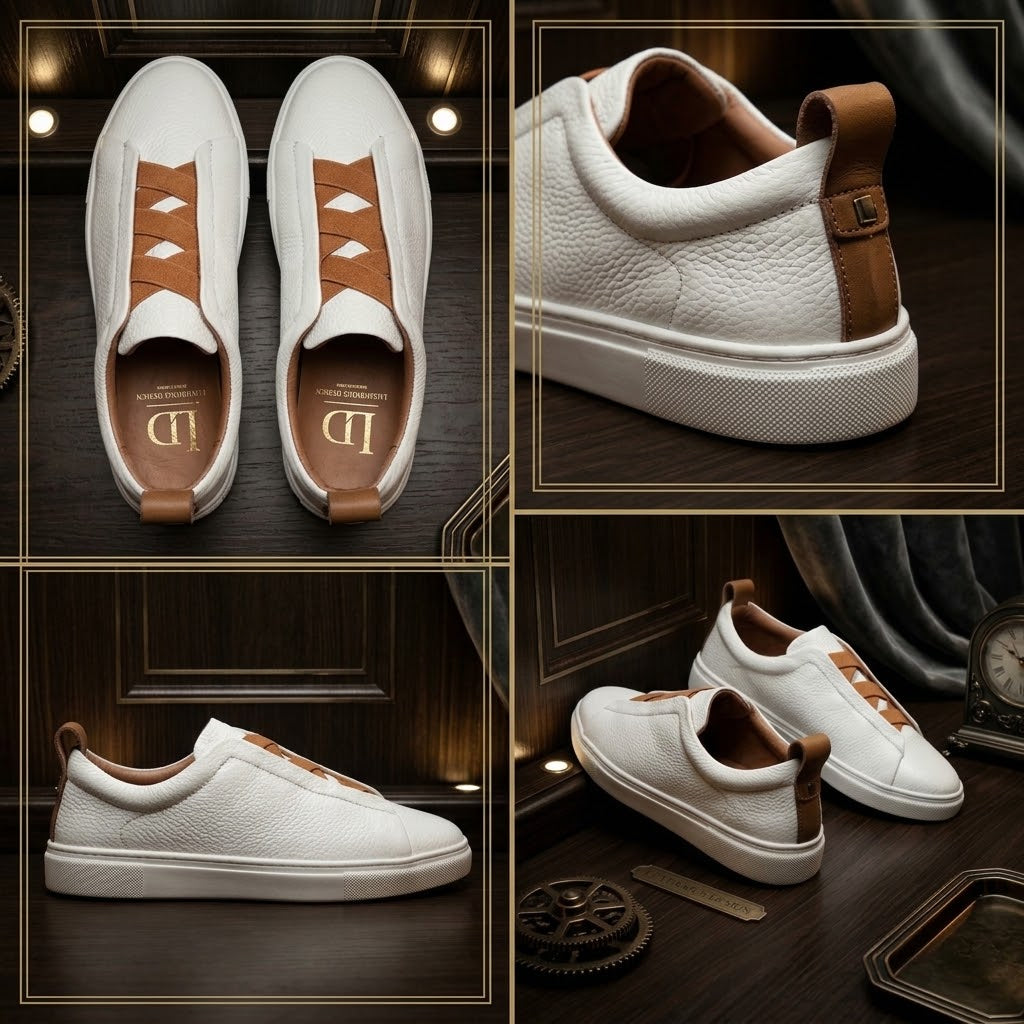Qadam White Pebble-Grain Leather Slip-On Sneakers