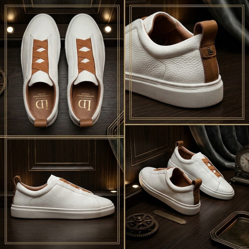 Qadam White Pebble-Grain Leather Slip-On Sneakers