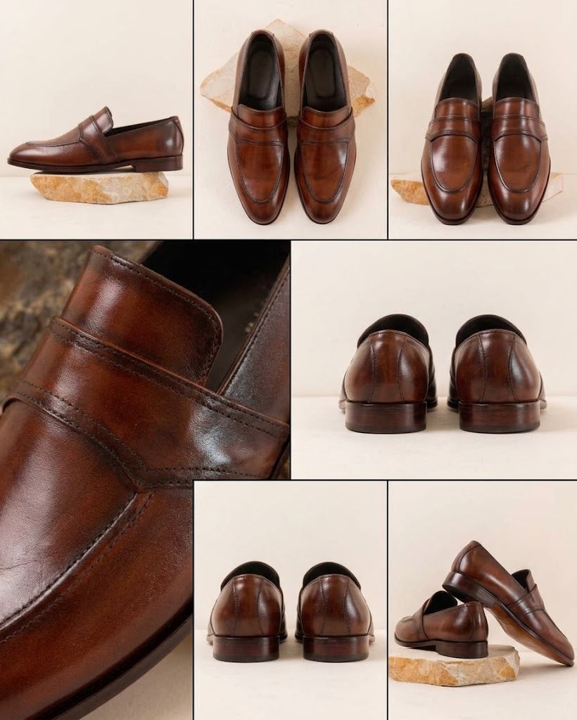 Men's Hand-Patina Calfskin Dress Loafers – Antique Chestnut