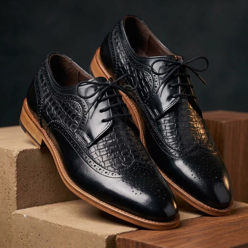 Qadam Handcrafted Two-Tone Croc-Embossed Leather Wingtip Derbies – Espresso Brown