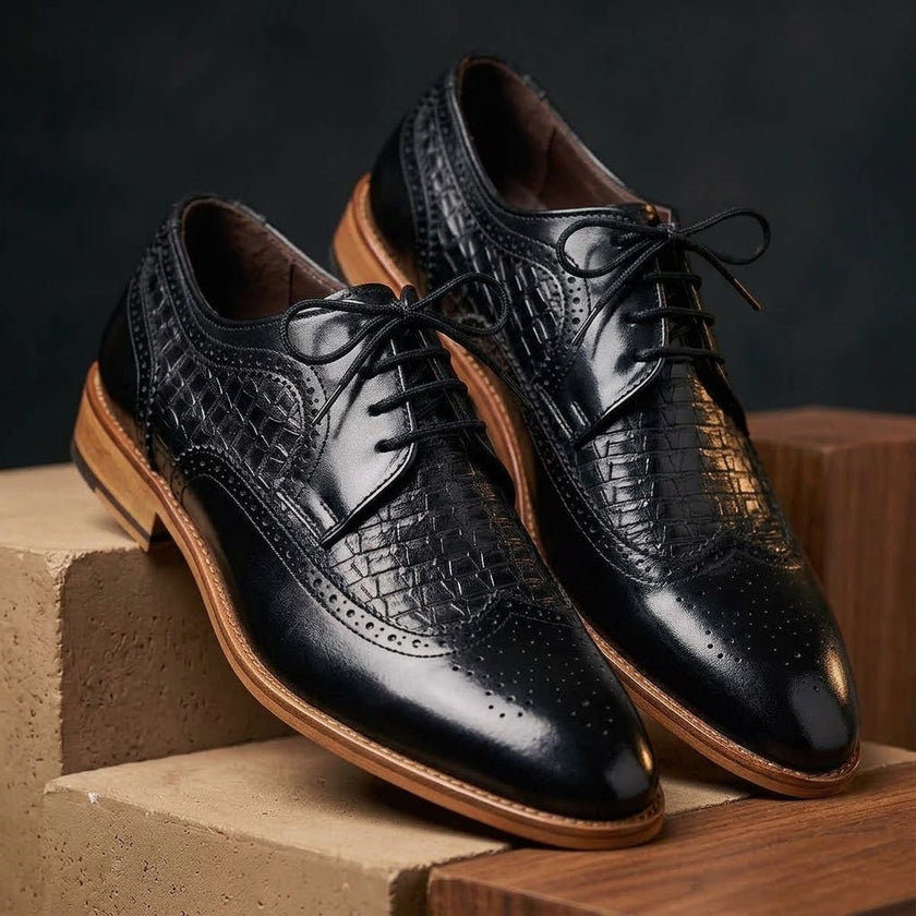 Qadam Handcrafted Two-Tone Croc-Embossed Leather Wingtip Derbies – Espresso Brown