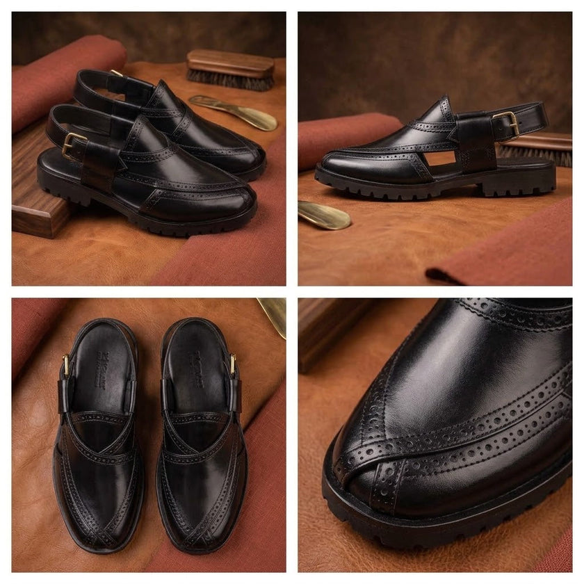 Qadam Handcrafted Brogue-Stitched Leather Peshawari Chappal – Antique Walnut