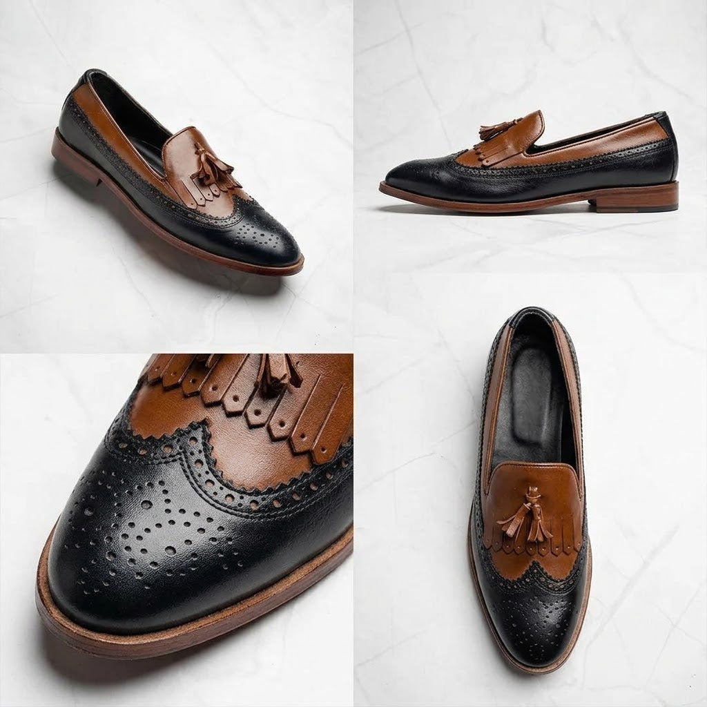 Qadam Handcrafted Two-Tone Leather Tassel Loafers – Tan & Black