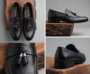 Qadam Handcrafted Black Leather Tassel Loafers