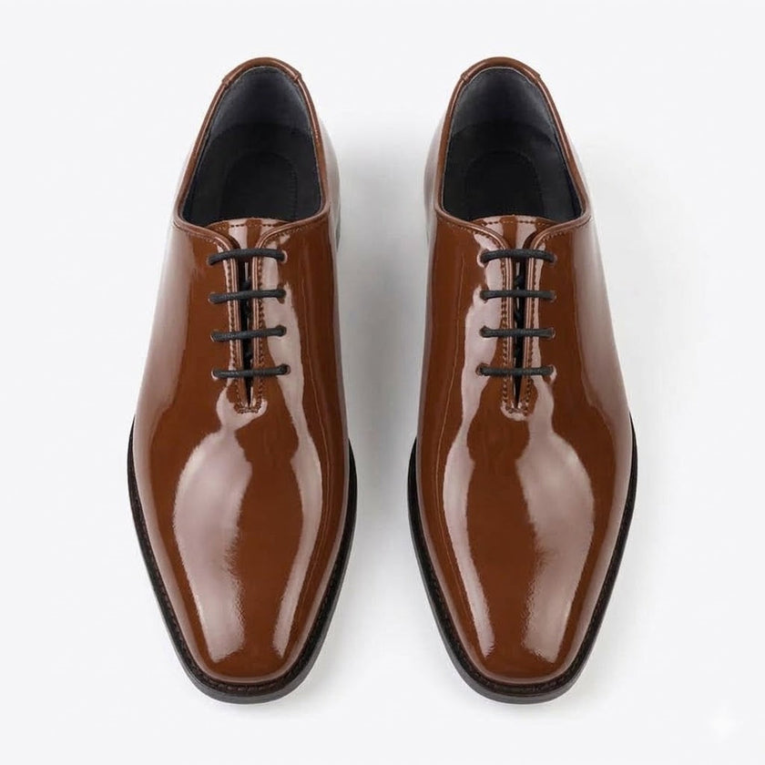 Qadam Handcrafted Patent Leather Wholecut Oxford Shoes – Mirror Black