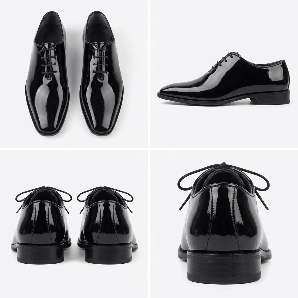 Qadam Handcrafted Patent Leather Wholecut Oxford Shoes – Mirror Black