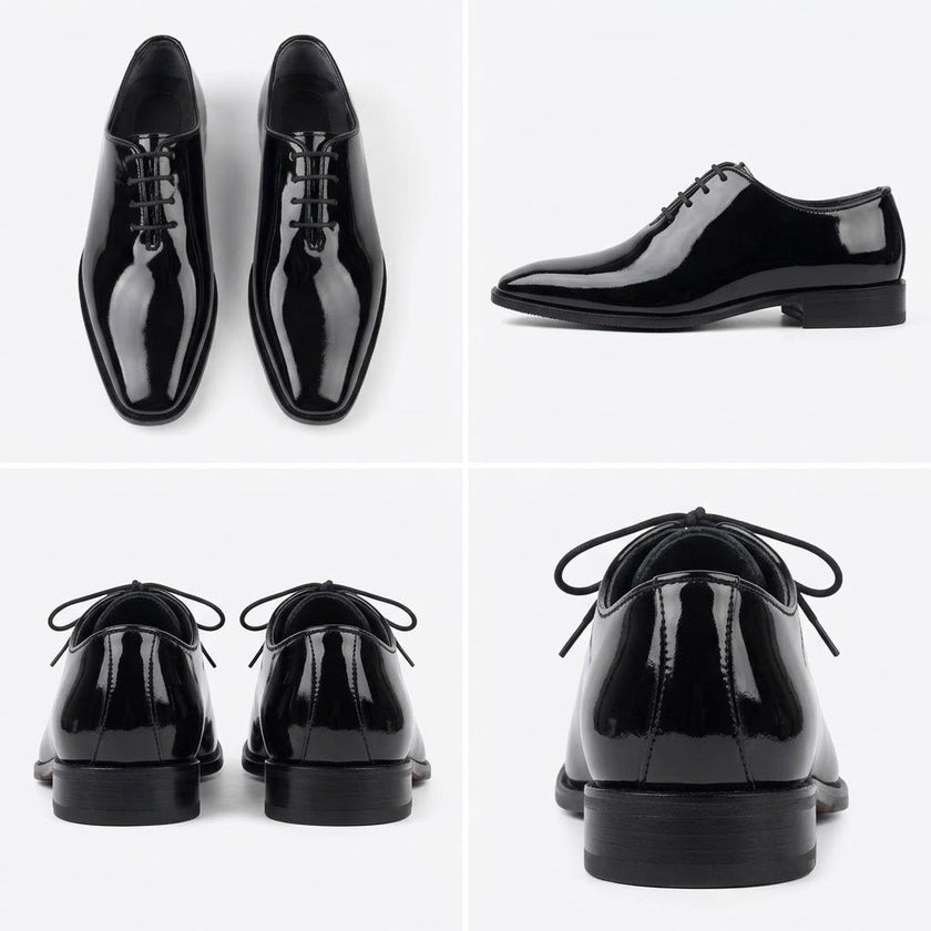 Qadam Handcrafted Patent Leather Wholecut Oxford Shoes – Mirror Black