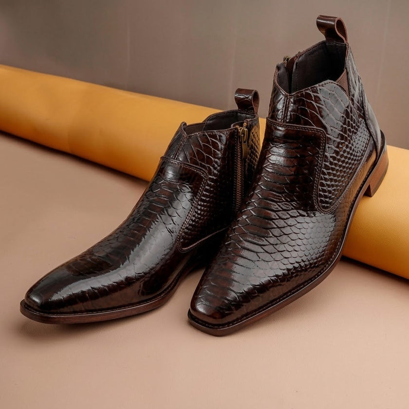 Qadam Handcrafted Black Croc-Embossed Leather Dress Boots