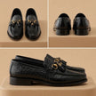 Qadam Handcrafted Black Croc-Embossed Leather Horsebit Tassel Loafers