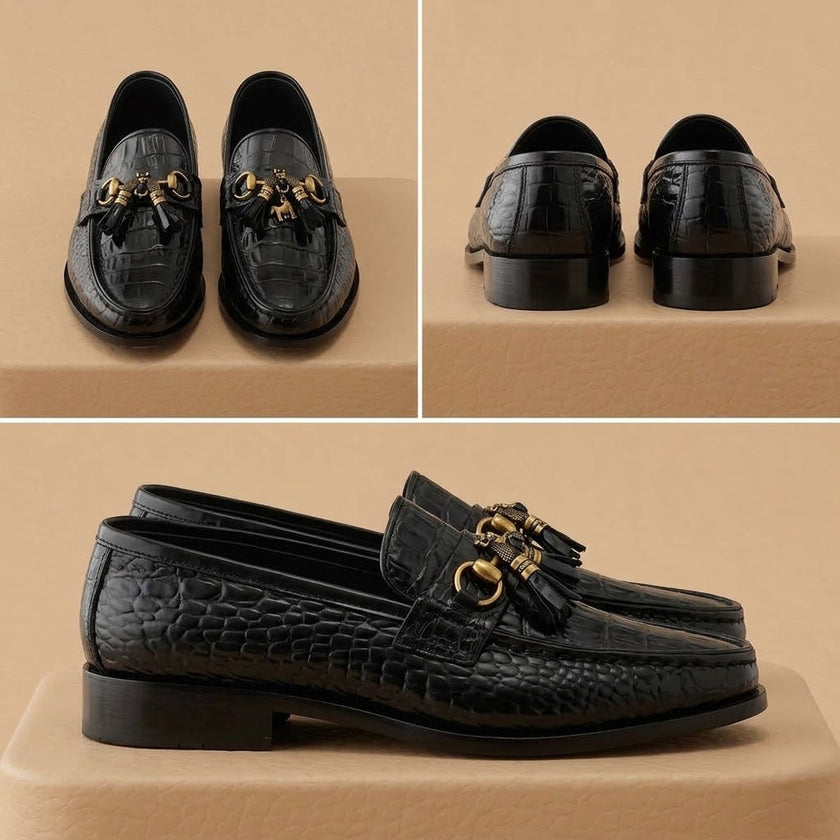 Qadam Handcrafted Black Croc-Embossed Leather Horsebit Tassel Loafers