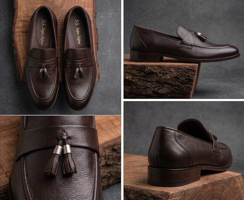 Qadam Handcrafted Black Leather Tassel Loafers
